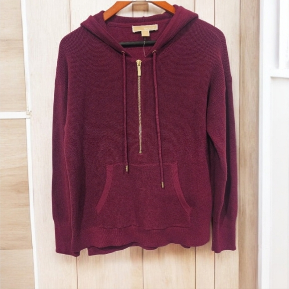 Michael Kors Sweaters - NWT Michael Kors Women's Maroon Knit Hoodie With Half Zipper And Strings--Size S